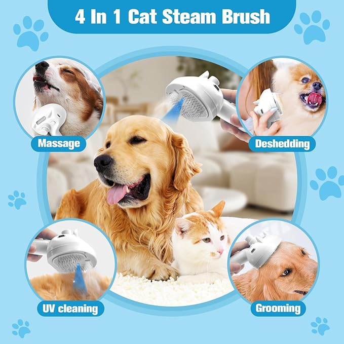 Steam Brush for Cats,4 in 1 Cat Steam Brush,Self-Cleaning Slicker Brushes for Dogs,Pet Spary Hair Removal Comb for Grooming Massage,Recharegable Cat Dog Hair Remover for Long&Short Haired Dogs White