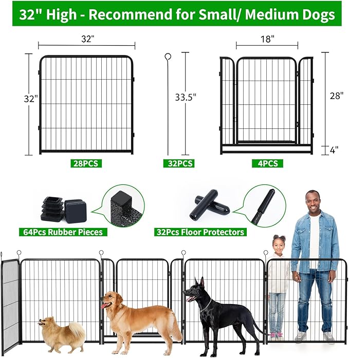 Dog Playpen Outdoor Extra Wide 32 Piece Panels Heavy Duty Dog Fence 32" Height Anti-Rust with Doors Portable for RV Camping Yard, Total 84FT, 561 Sq.ft, Snowy Black