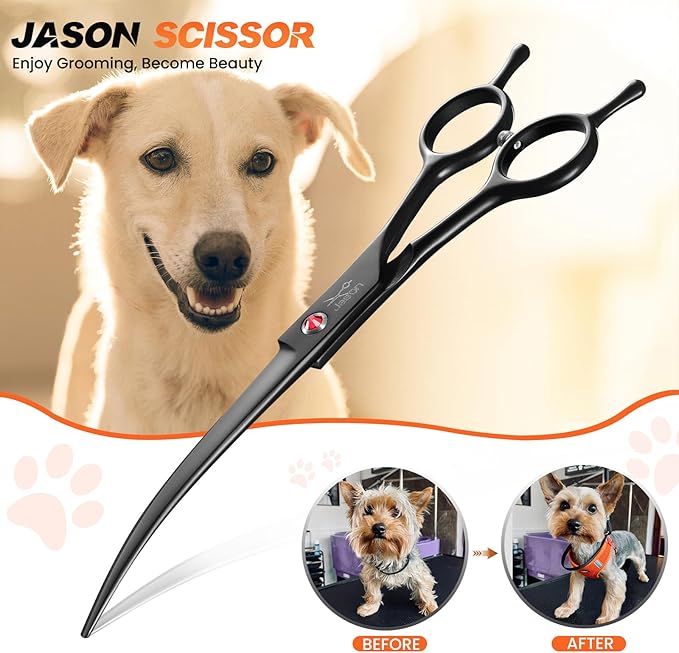 JASON 7.5" Dog Grooming Scissor - Professional Down-curved Shear with Ergonomic Handle Japanese Stainless Steel Hair Scissor for Dogs, Cats and Other Pets, Sharp (Down-curved, Black)