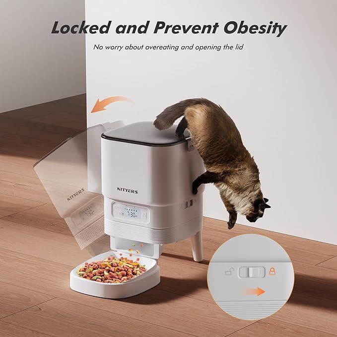 Automatic Cat Feeder - Nityers 4L Timed Cat Dry Food Dispenser, Programmable Portion Size,1-6 Meals Per Day, Dual Power Supply, Detachable Washable, Auto Pet Feeder for Cats and Small Dogs
