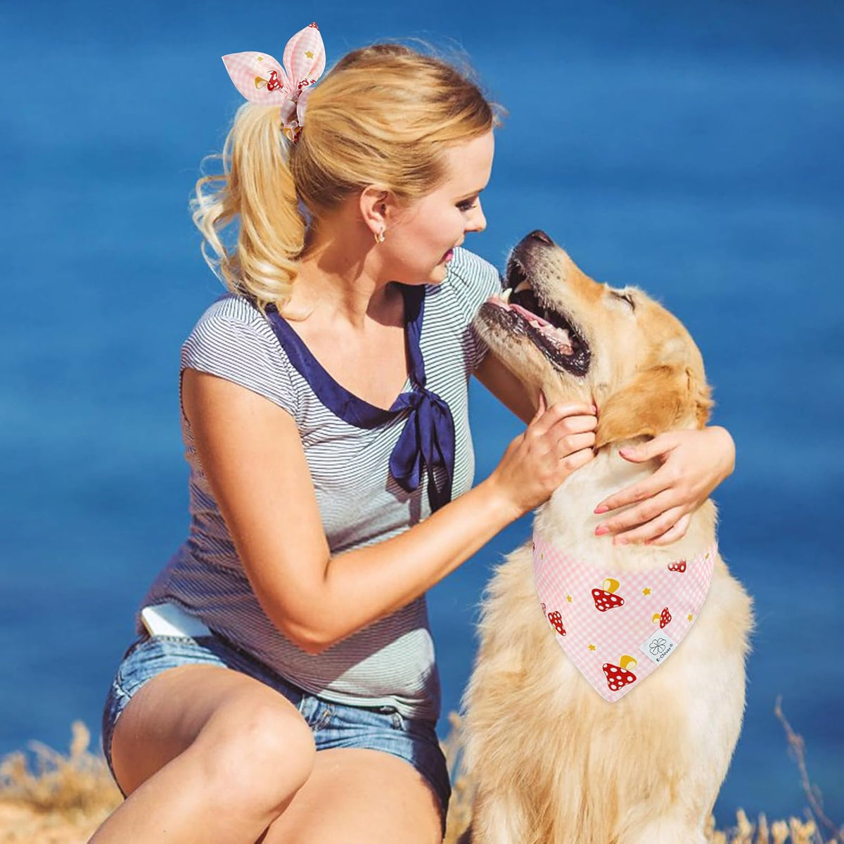 E-Clover Pink Buffalo Plaid Dog Bandanas & Matching Scrunchie Set Girl Cute Dog Scarf Bibs Pet Bandana with Bow Tie for Small Dogs Puppy Owner Mom