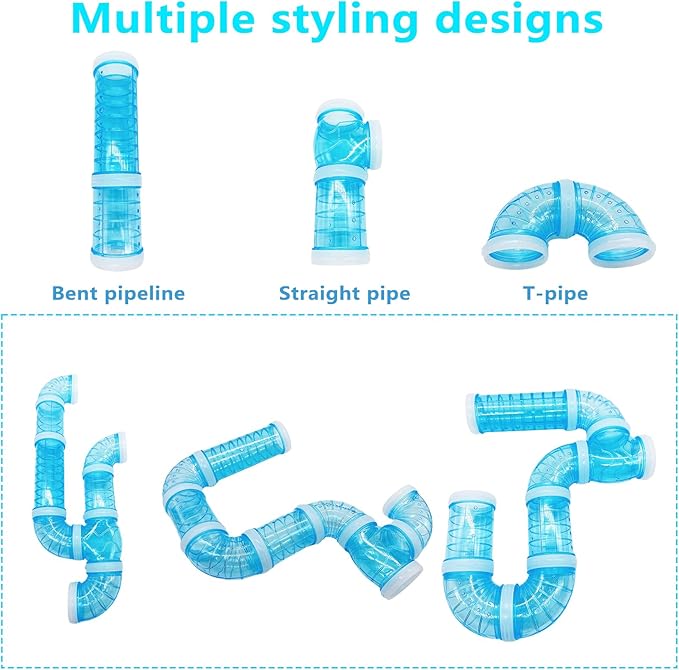 8PCS Hamster Tunnel Tube DIY Assorted Toy Transparent Adventure Pipe Playground Excercise Set for Mouse Syrian Hamster Gerbil Rat (Blue)