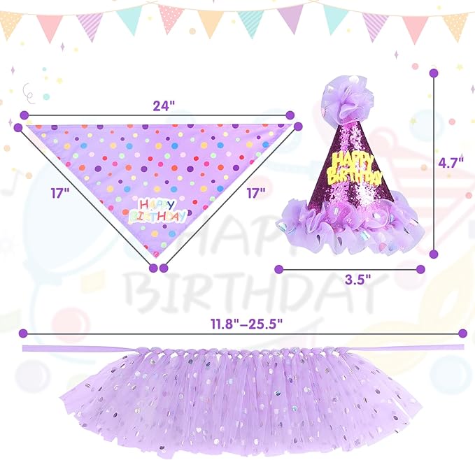 SCENEREAL Dog Birthday Bandana with Hat and Dress Girl Set, Puppy Birthday Party Supplies, Cute Tutu Skirt Outfit for Small Medium Large Dogs