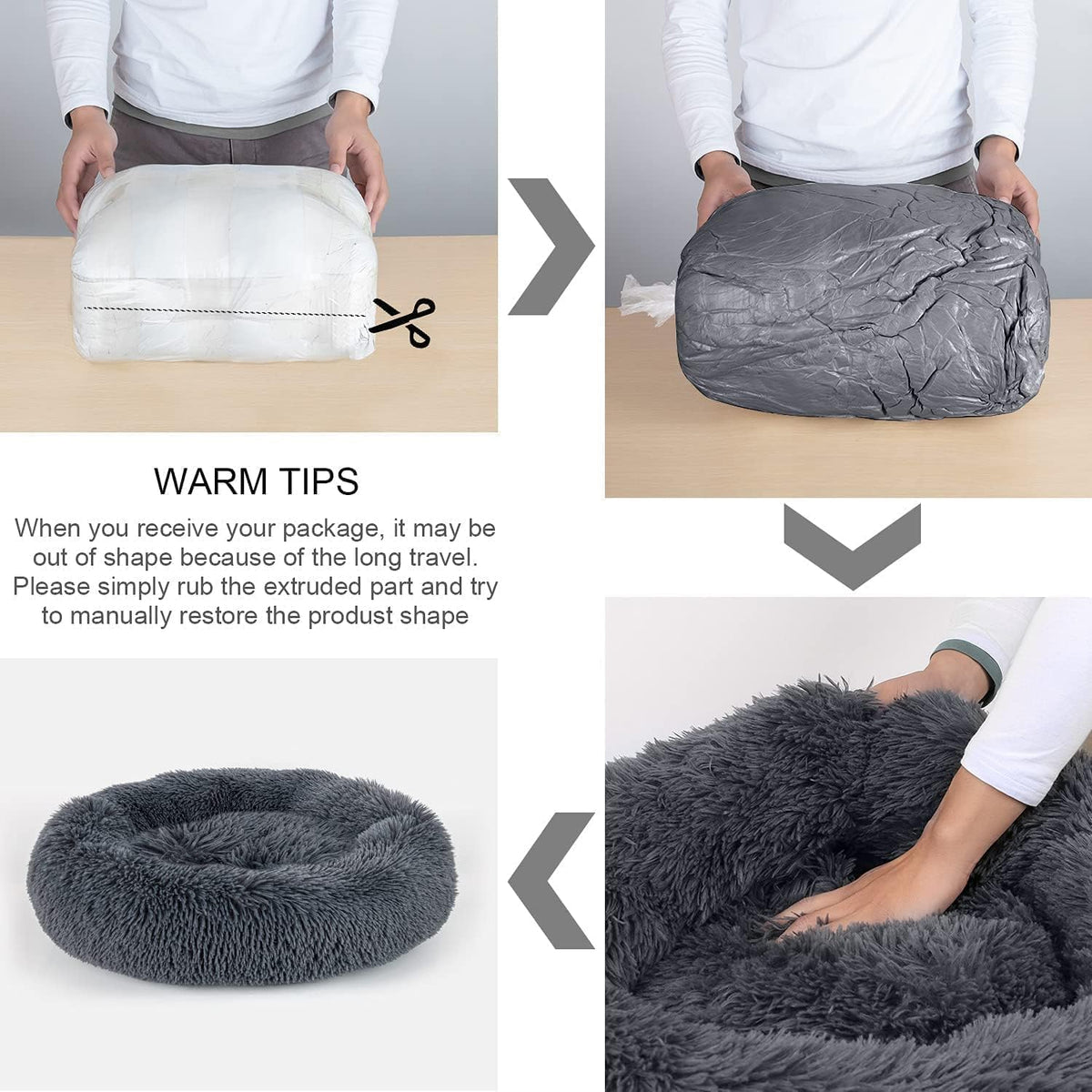 Dog Bed, Cat Calming Bed, Faux Fur Pillow Pet Donut Cuddler Round Plush Bed for Large Medium Small Dogs and Cats (Dark Grey, 44.0" L x 44.0" W x 7.0" Th)