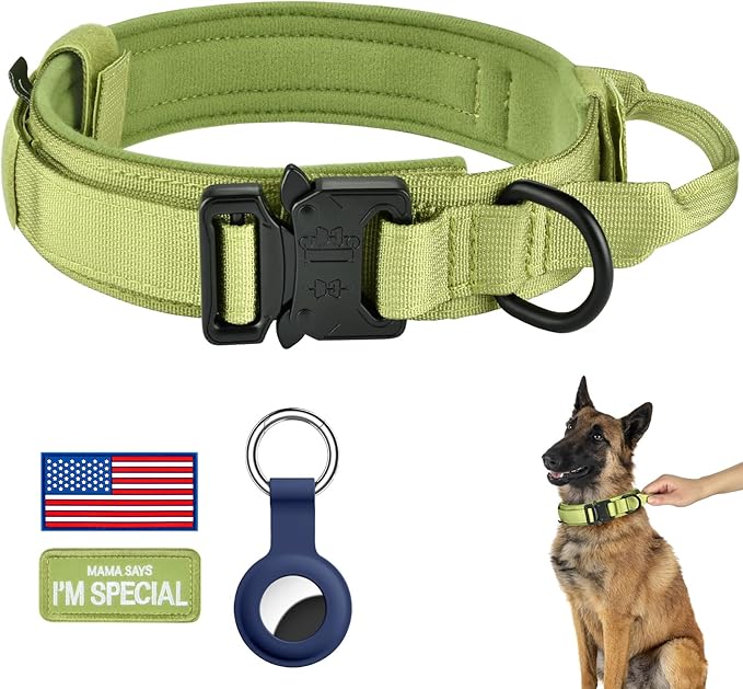 DAGANXI Tactical Dog Collar, Adjustable Military Training Nylon Dog Collar with Control Handle and Heavy Metal Buckle for Medium and Large Dogs, with Patches and Airtags Case (M, Spring Grass)