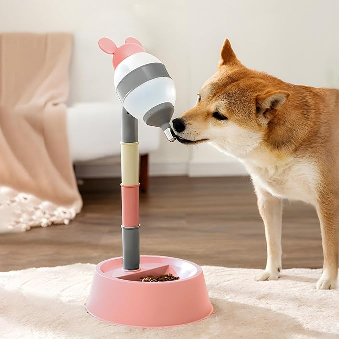 NACOCO Pet Standing Water Dispenser - Cat Dog Standing Bowl with Detachable Pole Automatically Feeding Water Height Adjustable(Grey-Pink Ear)
