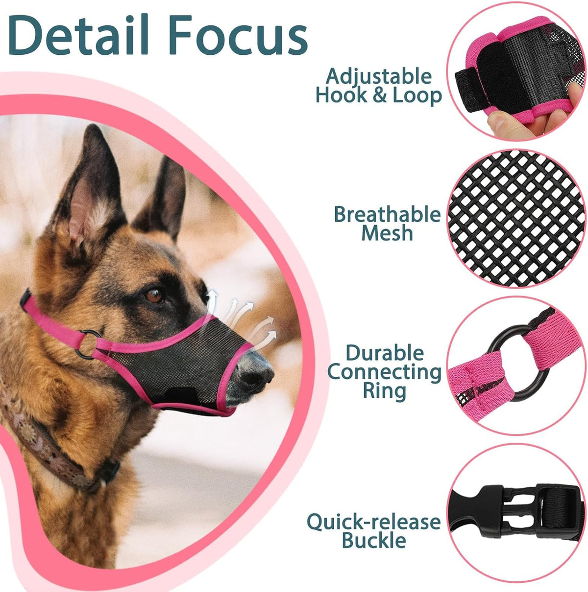 LUCKYPAW Dog Muzzle, Mesh Muzzle for Large Medium Small Dogs, Soft Mouth Guard for Biting Chewing, Breathable Mouth Guard with Adjustable Strap for Training(Hot Pink, XL(Snout:11"-12.25"))