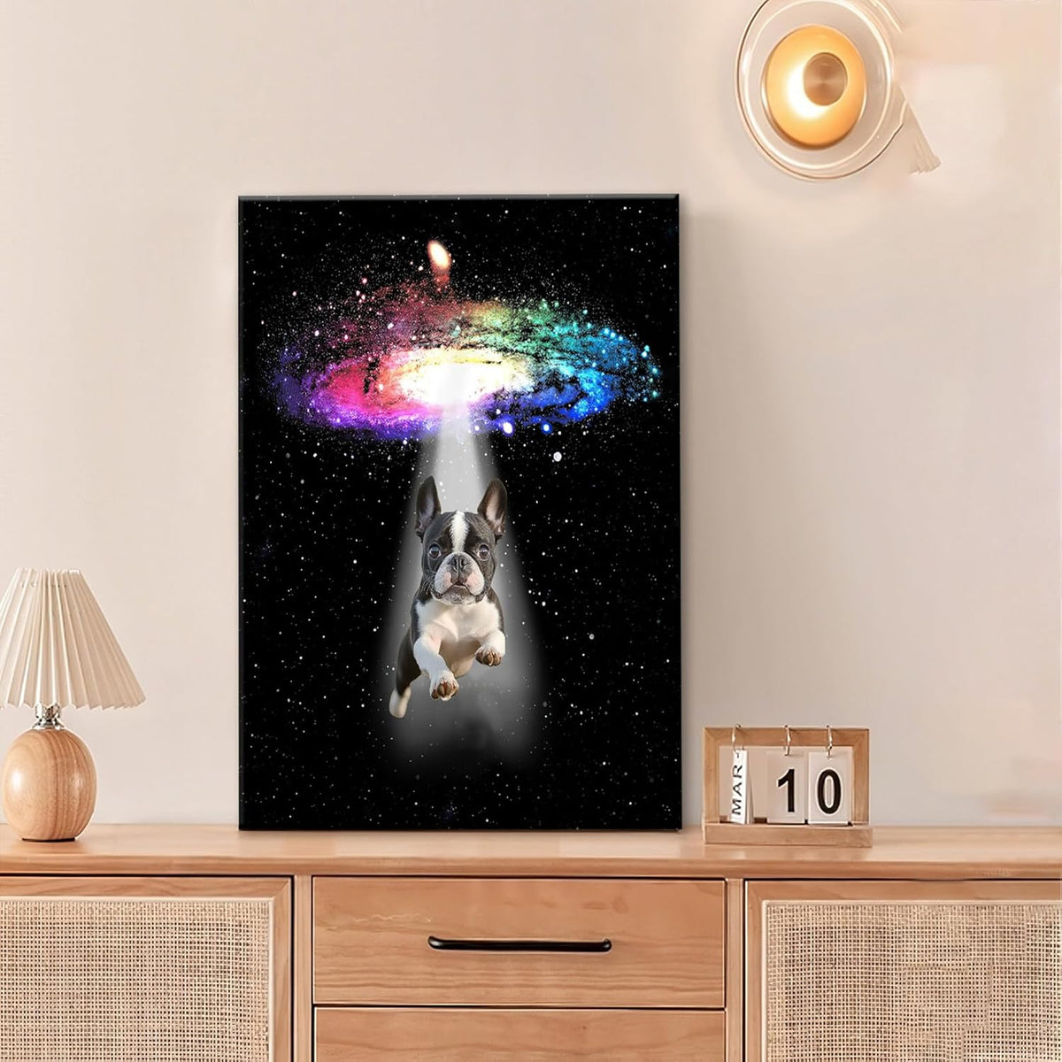 Funny Dog Wall Art Canvas Boston Terrier Wall Decor Prints Framed Painting Bulldog Galaxy Pictures Gifts Artwork for Bathroom 16"x24"