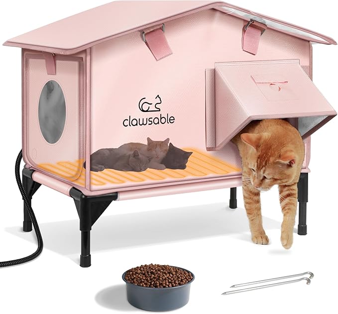 Upgraded Heated Cat House for Outside Escape Door, Highly Insulated Heated Outdoor Cat House Waterproof Awning, Weatherproof Outdoor Feral Cat Shelter for Stray Winter