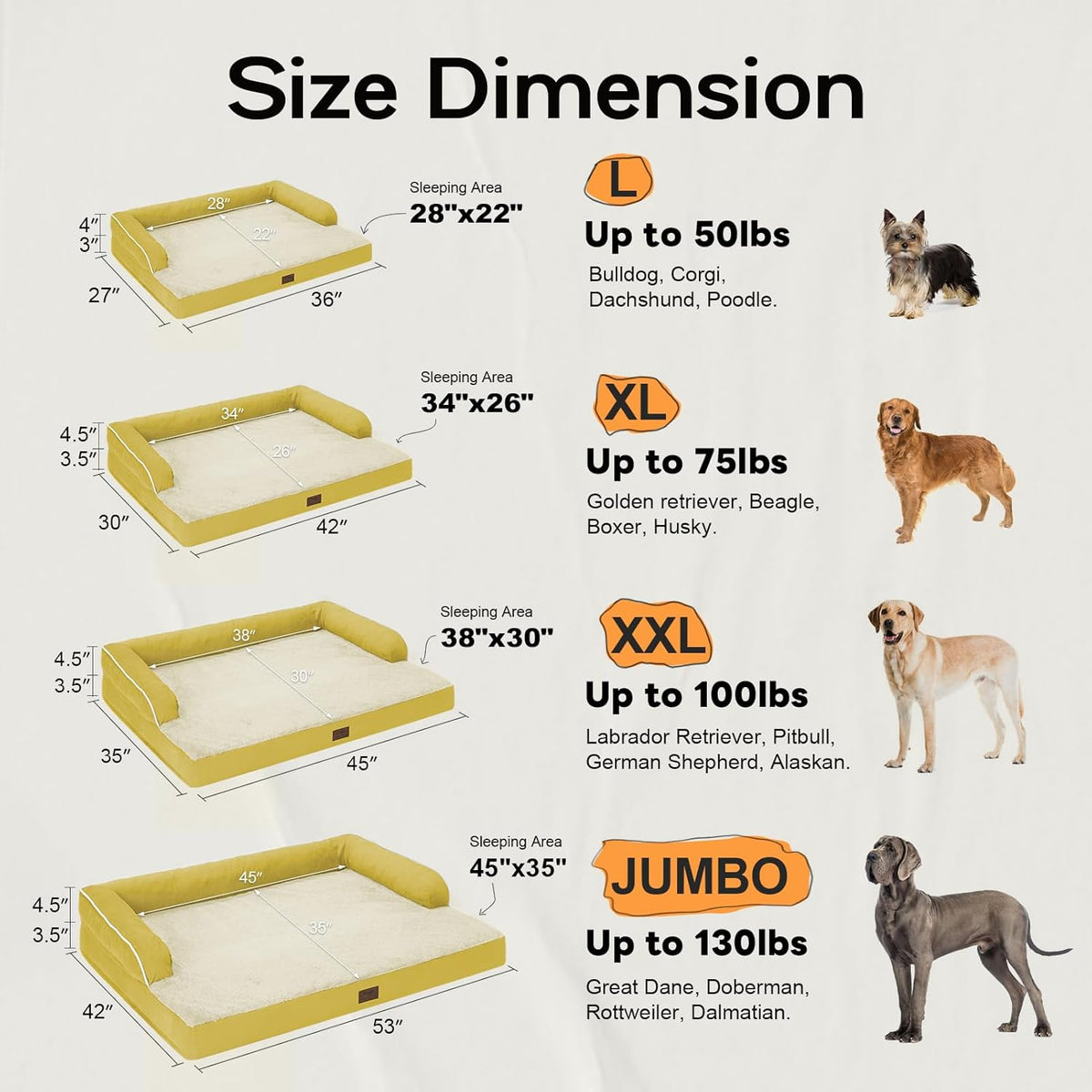 Large Dog Bed Orthopedic Washable | Beds Bolster Pet | XL Large Big Dogs | Memory Foam Couch Sofa | Waterproof with Removable Cover - Ginger Yellow Dog Bed
