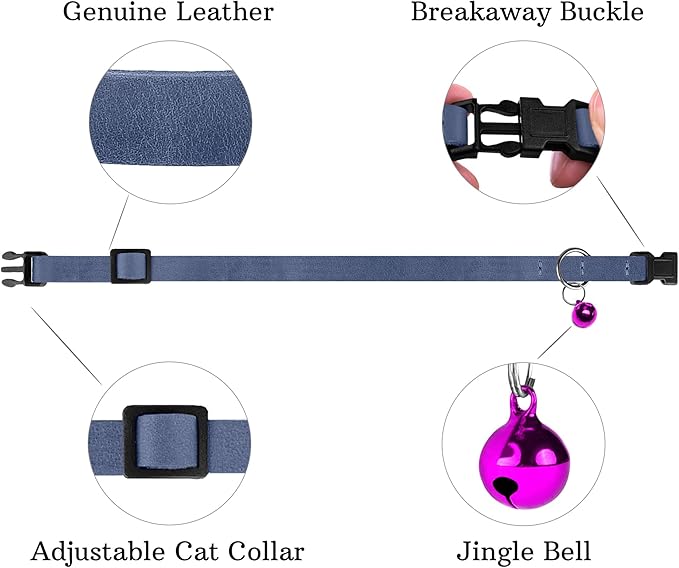 Breakaway Cat Collar Leather with Removable Bell - 13 Colors Available - Soft Adjustable Girl Boy Safety Lightweight Pet Kitten Collars Pink Brown Blue Green Red Orange Black (Denim)