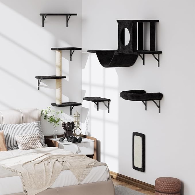 NUNU LAB Wall Mounted Cat Climber Set, 6 Pcs Cat Furniture Set with House, Bridge, Steps, Scratcher Board and Hammock, Shelves for Indoor, Luxury Walls Furniture(Black)