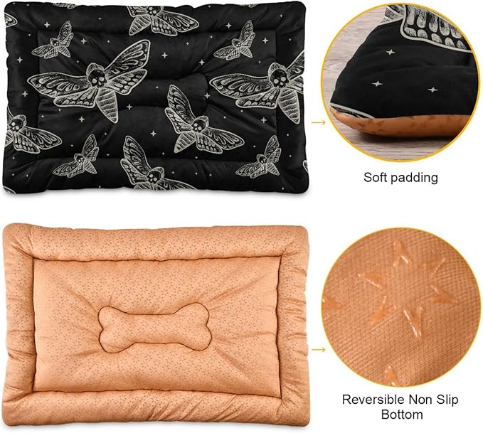 Pet Bed Gothic Skull Butterfly Moth Dog Bed Mat Absorbing Non Slip Pad Pet Sleeping Mat for Small, Medium, and Large Dogs Puppy Cat 36 in x 24 in