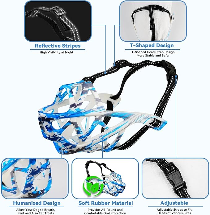Dog Muzzle for Large Dogs, Medium and X-Large Aggressive Dog, Breathable Basket Muzzles, Suitable for Grooming Trimming Training, Allows Panting Drinking (Camouflage Blue, L)