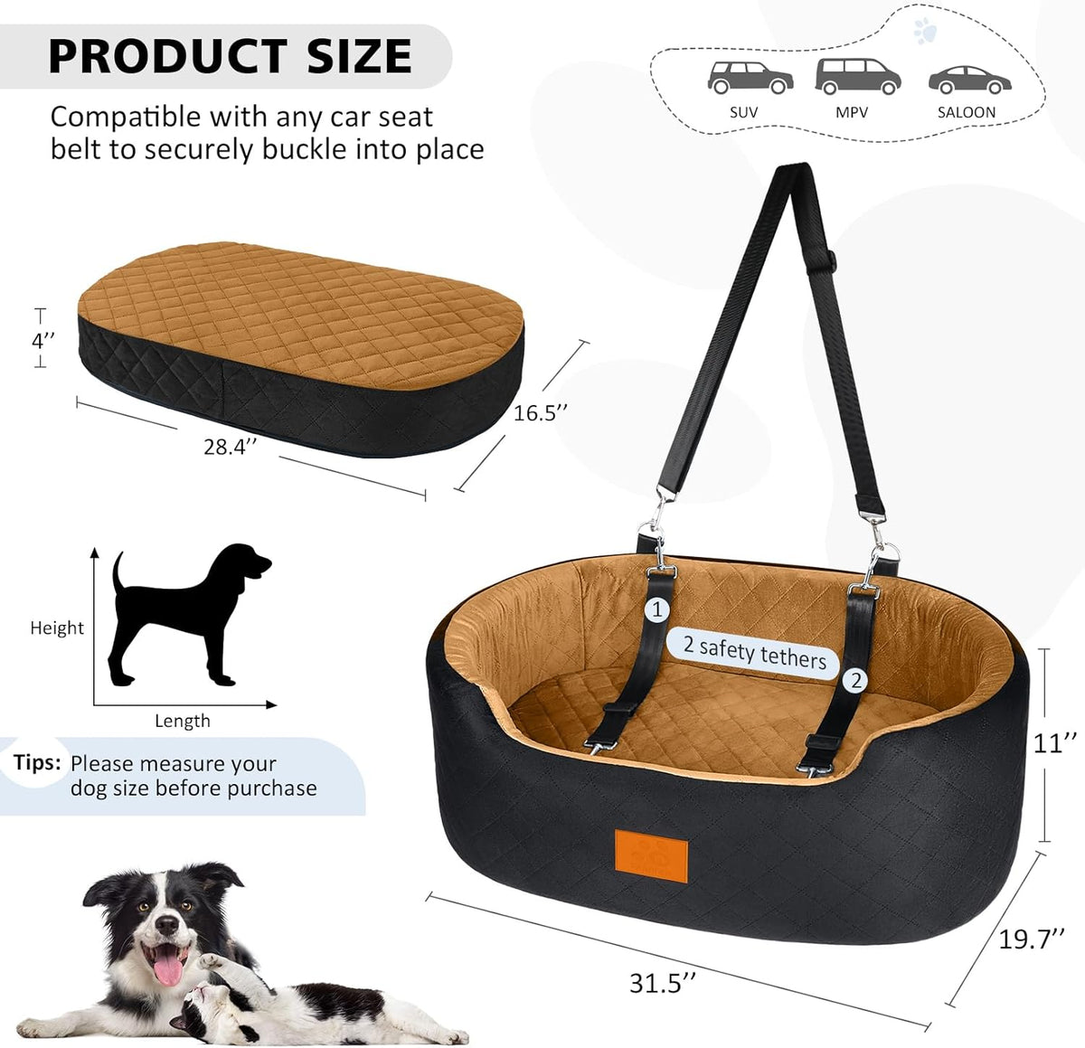 Dog Car Seat for Medium & Large Dogs up to 55 lbs, Elevated Booster Seat with Anti-Slip Base, Detachable & Machine-Washable Pet Car Bed for SUV/Sedan (Black/Brown)