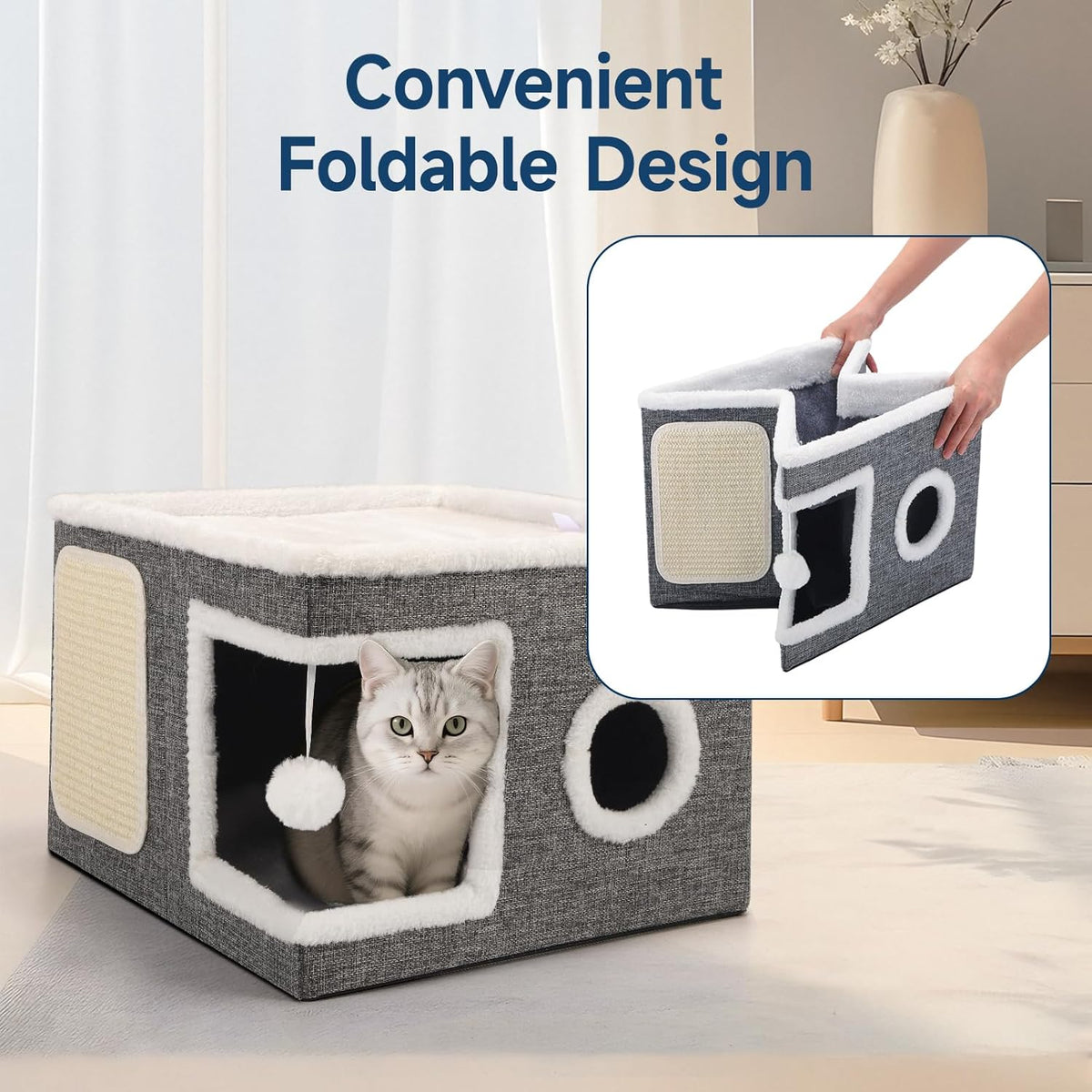 Cat Beds for Indoor Cats, Large Cat Cave with Cozy Condo, Fluffy Hanging Ball, Round Window, Foldable Indoor Cat House Hold Up to 30LBS, Cat Hideaway with Double-Sided Soft Cushions for All Seasons