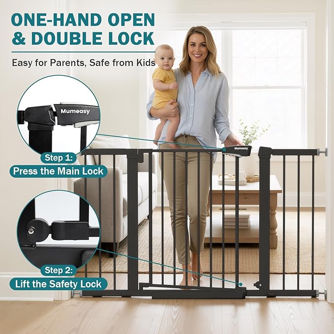 Mumeasy 29.7–48" Baby Gate for Stairs, Dog Gate for Doorways, Auto Close Child Gate, Indoor Safety Pet Gate with Walk Thru Door, Easy Install Pressure Mounted Extra Wide Gate for Kitchen, House, Black