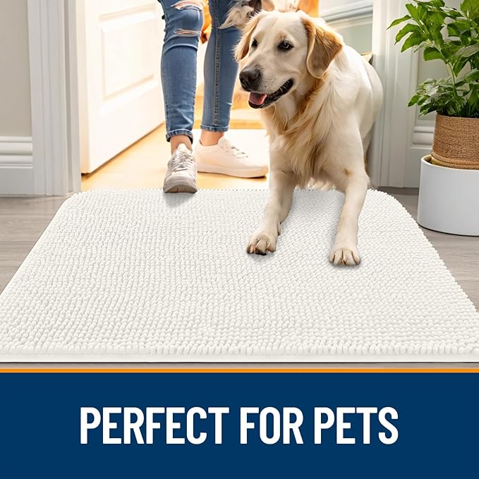 OLANLY Dog Door Mat for Muddy Paws 24x16, Absorbs Moisture and Dirt, Absorbent Non-Slip Washable Doormat, Quick Dry Chenille Mud Mat for Dogs, Entry Indoor Entryway Carpet for Inside Floor, Ivory