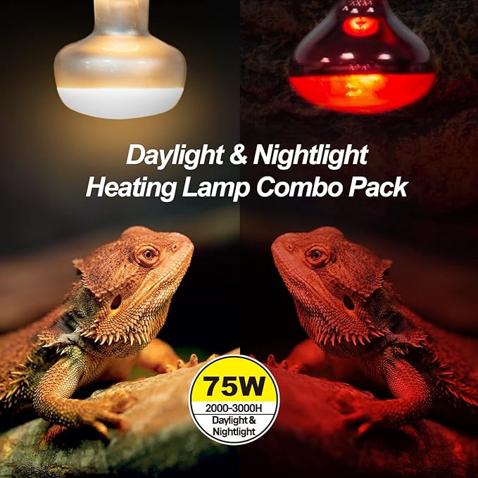 WACOOL 2Pack 75W Reptile Heat Lamp Day & Night Kit, Nature Simulated Basking Daylight & Nightlight Heat Lamp Bulbs for Reptiles & Amphibians, UVA Heat Lamp for Bearded Dragon Gecko Turtle Lizard