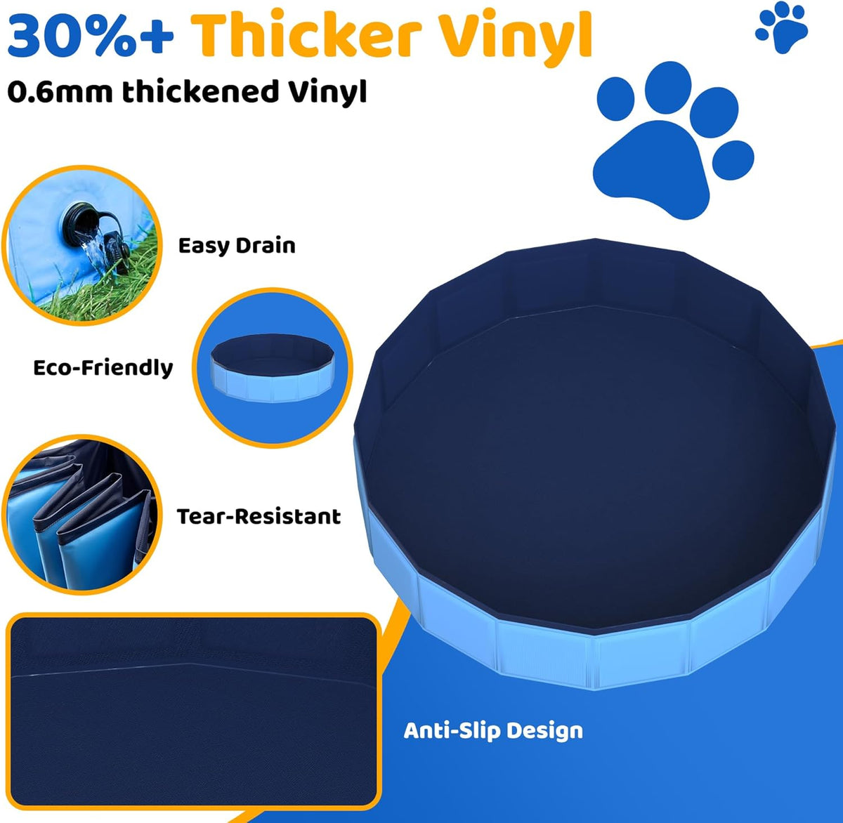 39.5" x 12" Foldable Dog Pool - Collapsible Hard Plastic Kiddie Pool for Dogs & Kids, Non-Slip Pet Bath Tub for Outdoor Backyard Use, Lightweight & Portable (Blue)