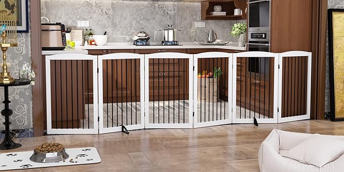 Freestanding Pet Gate for Dogs, Indoor Wooden Foldable Dog Gate for House, Extra Wide, Pet Fence for Stairs, Doorways, Halls, Support Feet Included, 120 Inch Wide, 6 Panels 32",White