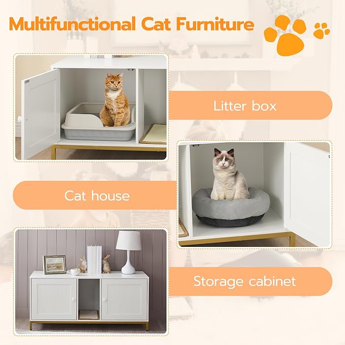 HOOBRO 44" Cat Litter Box Enclosure for 2 Cats, Double Cat Litter Box Furniture Hidden, TV Stand Litter Box Enclosure with Cat Scratching Mat, Cat House, Cat Washroom Cabinet, White, Gold DW20MW01