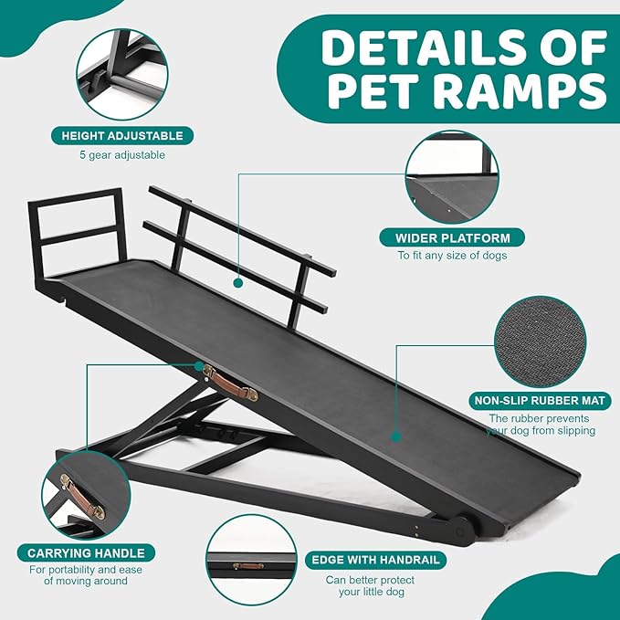 Dog Ramp for Bed, Adjustable Pet Ramps for Dog to Get on Bed, Non-Slip Rubber Surface - Folding Wooden Dog Ramp for Small/Large/Old Dogs, Adjustable up to 31 inch High Beds, Safety Railings
