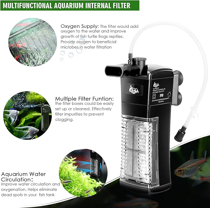 AQQA Aquarium Internal Filter Submersible Power Filter in-Tank with Adjustable Water Flow, Ultra Silent Sponge Filter for Fish Tank Water Crystal Clear