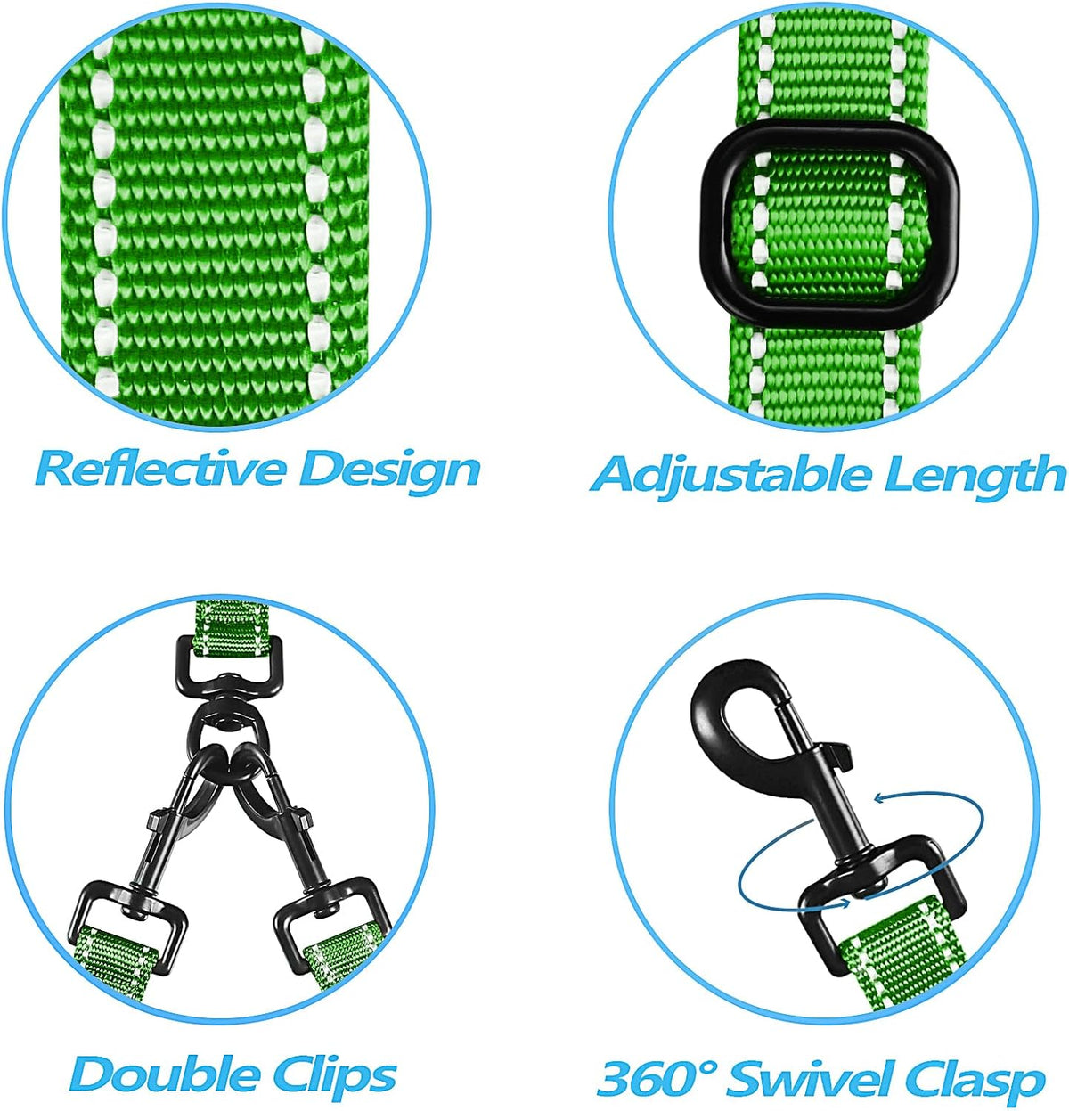 PetBonus Double Dog Leash, No Tangle Dual Leash, Reflective Walking Training Lead, 4 Comfortable Padded Handles for 2 Dogs with Collapsible Bowl and Waste Bags (Grass Green, Large)