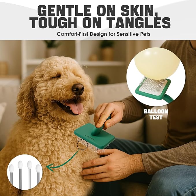 Dog Slicker Brush for Dogs Grooming Kit 4PCS | Large Dog Brush for Goldendoodles Poodles Doodles | Long Pin Haired Brush | Poodle Brushes and Comb (Green)