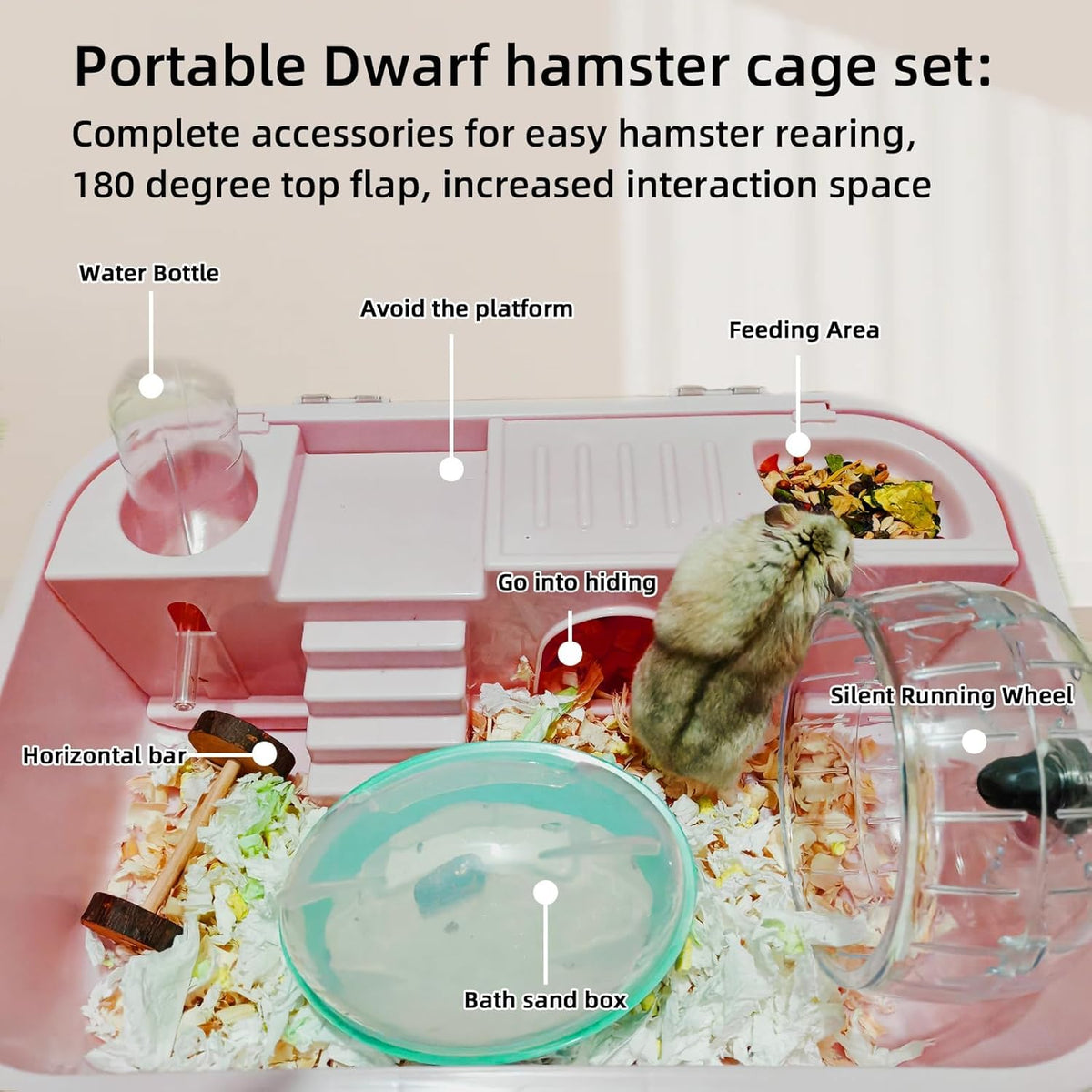 Hamiledyi Small Hamster Cage Clear Plastic Hamster Cage Portable Carrier with Water Bottle Exercise Wheel Bathtub Box Set Toy for Dwarf Baby Hamster (Pink)