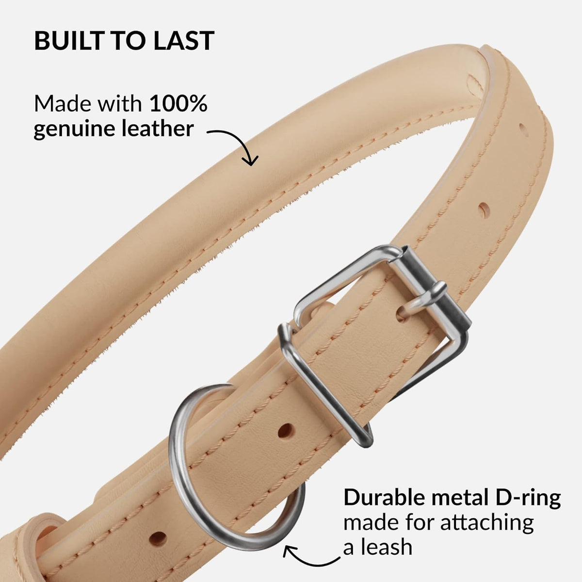 CollarDirect Rolled Leather Dog Collar, Soft Padded Round Puppy Collar, Handmade Genuine Leather Collar Dog Small Large Cat Collars 13 Colors (11-14 Inch, Beige Smooth)
