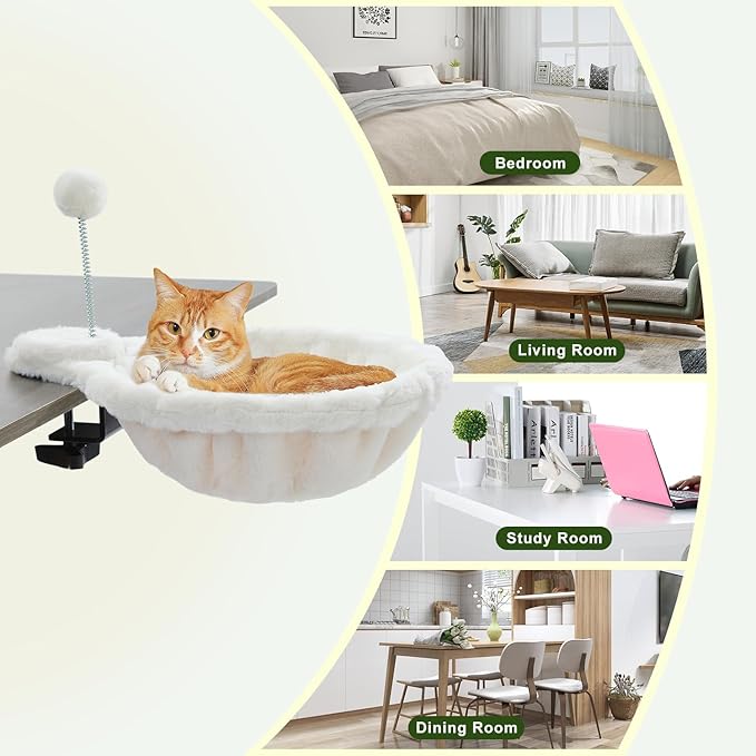 PAWZ Road Cat Bed for Desk with Interactive Plush Ball, 12 Inches in Diameter,Space-Saving Cat Desk Bed, White Cats Hammock for Table Supports Up to 40lbs, Medium