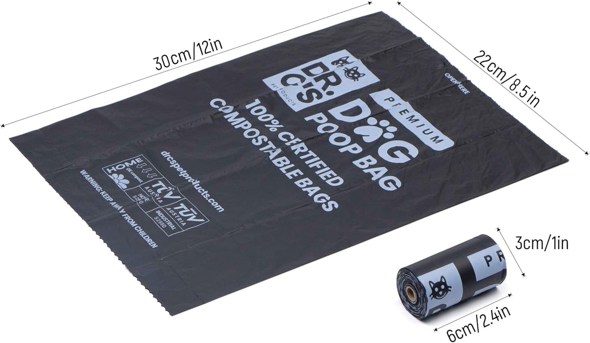 100% Certified Compostable Dog Poop Bags - Dr. C's Premium Dog Poop Bags - 270 Bags / 18 Rolls, Extra thick, Leak Proof, Unscented, Plant Based and Earth Friendly
