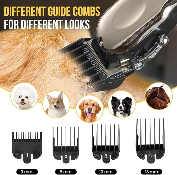 Horse Clippers Cordless Quiet, Professional Livestock Clippers with 4 Guide Guards, Electric Rechargeable Cordless Grooming Clippers for Horse, Cats and Dogs
