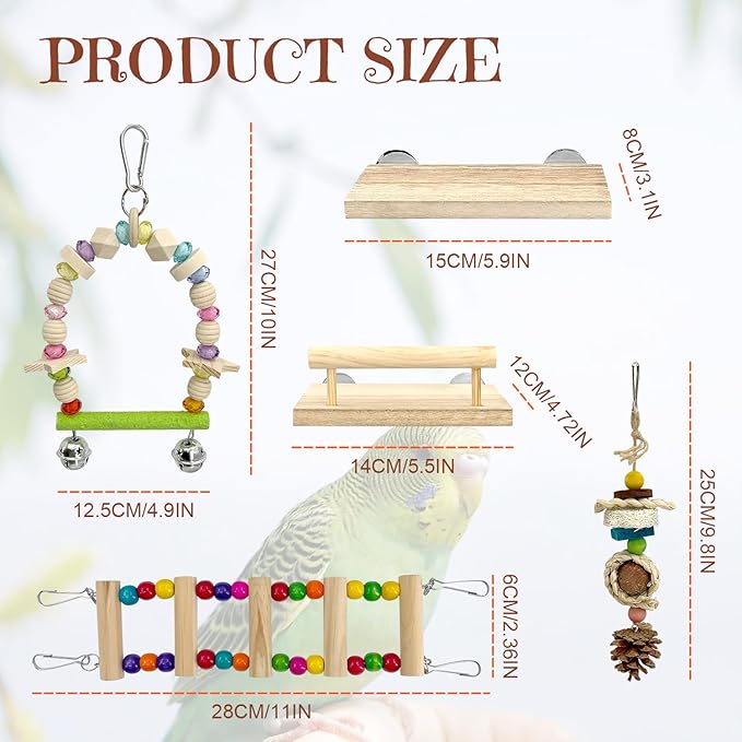 5-in-1 Parakeet Toys Set: Detachable Bird Playground with Wooden Perch, Swing, Ladder, & Platform Cage Accessories for Cockatiel, Conure, Lovebird, Budgie, Finch