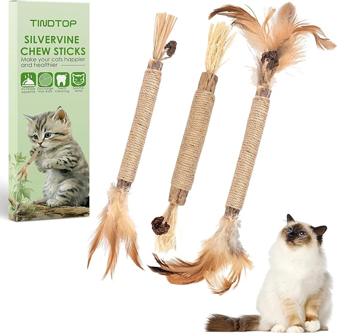 TINDTOP Silvervine Sticks for Cats with Natural Feather, Catnip Chew Toys for Kittens Teeth Cleaning, Increase Appetite, Calm Cat Anxiety and Stress, Cat Dental Toy (3 Pack)