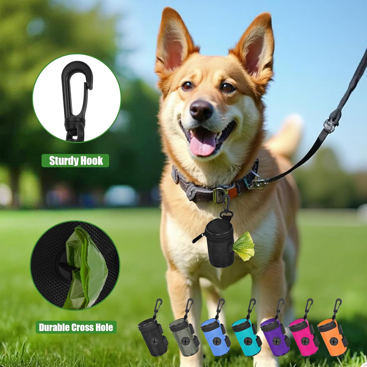 Dog Poop Bag Holder for Leash Attachment - Waste Bag Dispenser for Leash - Fits Any Dog Leash - Portable Set with Hand Free Holder Metal Carrier, Round Shape, Purple