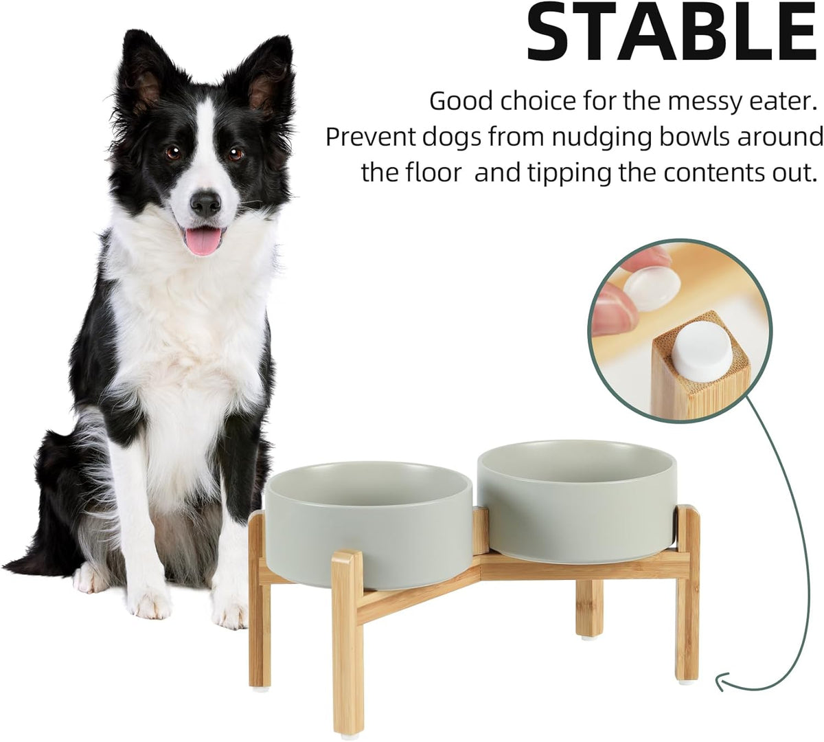Ceramic Raised Double Bowls Set with Stand, Food & Water Bowls for Medium Breed Dogs, Weighted Dog Dishes, Pet Bowl(7.3'',41OZ, Grey)
