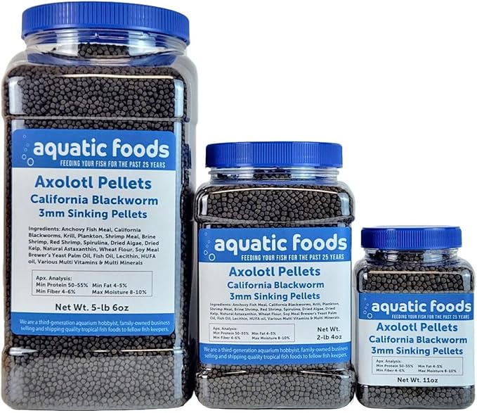 Aquatic Foods Inc. Axolotl Blackworm Pellets. 3mm-1/8 Sinking California Blackworm Medium Pellets for Medium/Large Axolotl, Frogs, Shrimp, Salamanders, Newts, Snails…2-lbs 4oz Jar