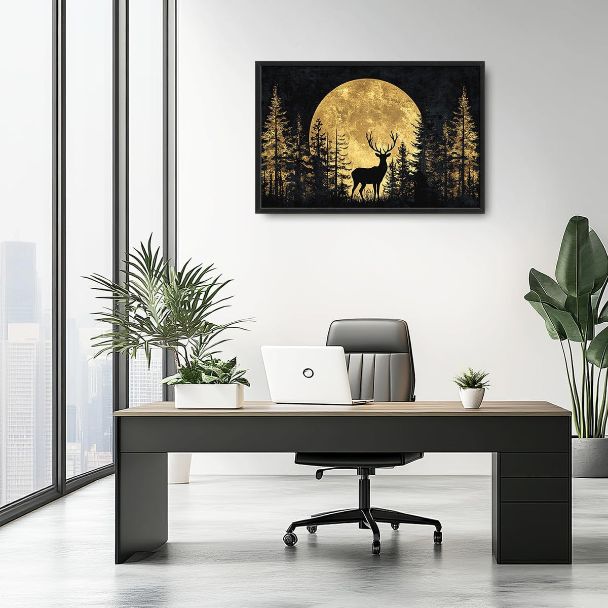 Large Moon Forest Deer Wall Art for Living Room, Black Deer Canvas Oversized Wall Decor, Elk Animal Aesthetics Framed Pictures Painting Print Artwork for Bedroom Office 36L" x 24W"