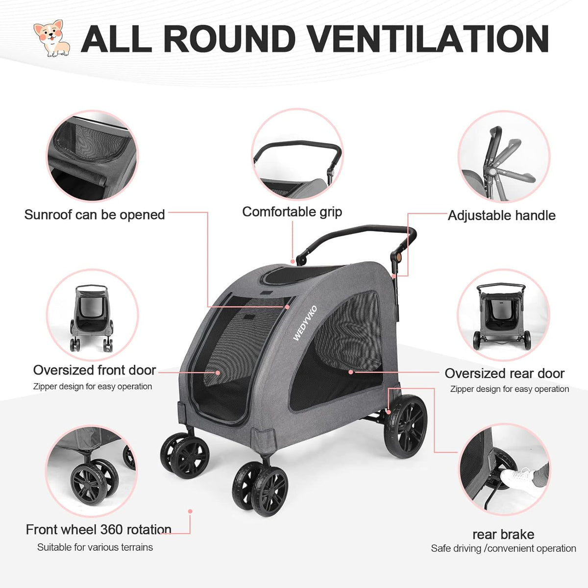 Large Dog Travel Stroller with 4 Heavy Duty Wheels Pet Stroller with Adjustable Handle - Double Doggie Capacity Jogger Wagon with Back Front Door for Small Medium Large Dogs (Dark Light Gray)