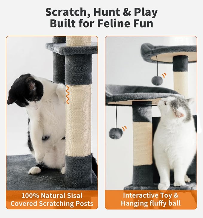 Made4Pets Tall Cat Tree, 80" Cat Tree Tower for Indoor Cats Large Adult, Modern Cat Tower with Scratching Post, Cozy Hammock, 3 Perches and 2 Condos, Sturdy and Fluffy, Dark Gray