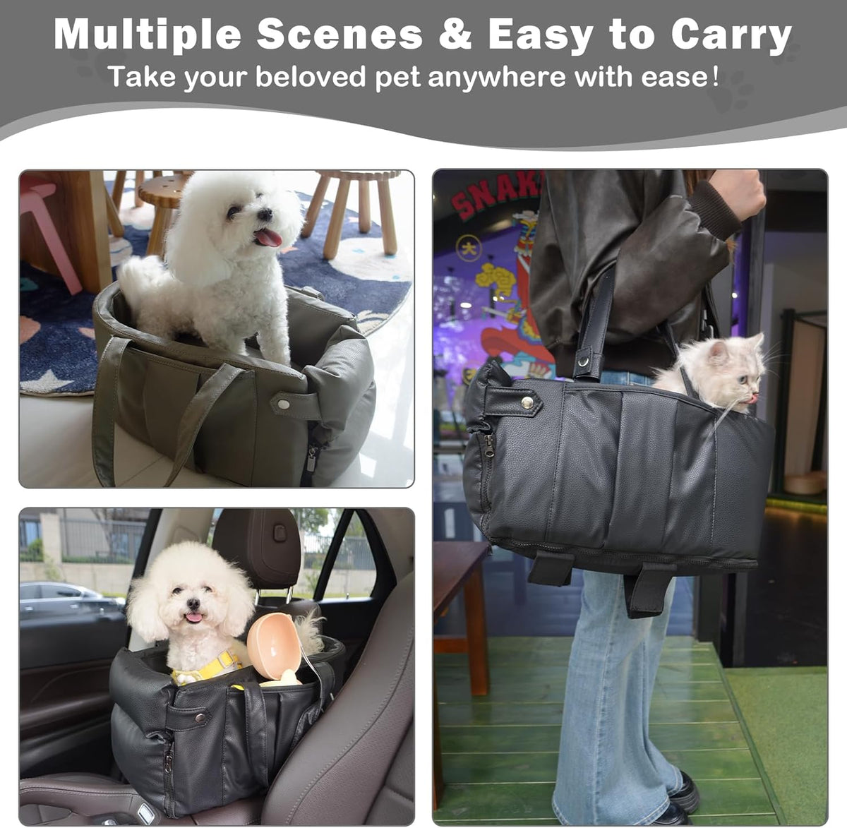 2 and 1 Center Console Dog Car Seat & Carrier for Small Dogs, Large Leather Dog Car Bed with Storage Pocket, Waterproof PVC Leather Seat Travel Bed for Front & Back Seat, Clip-On Safety Leash
