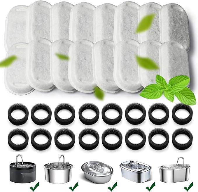Cat Water Fountain Filters,Cat Fountain Replacement Filters for Stainless Steel 108oz/3.2L&67oz/2L Adjustable Water Flow Pet Water Fountain,Dog Water Fountain (16+16 Pack)