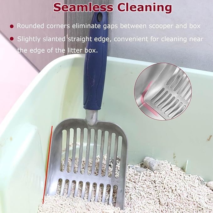Cat Litter Scoop, Kitty Metal Scooper, Aluminum Alloy Sifter, Kitten Pooper Lifter, Deep Shovel, Long Handle, Poop Sifting, Durable, Heavy Duty, for Litter Box