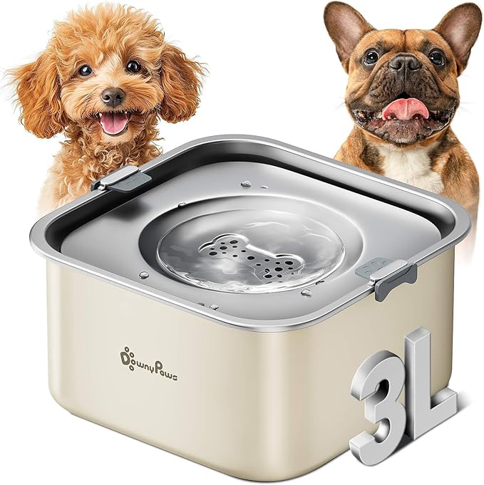DownyPaws No Spill Water Bowl for Dogs,101oz/3L Slobber Stopper Stainless Steel, Slow Drinking Dog Water Bowl, No Mess Dog Water Dispenser Spill Proof, Dishwasher Safe, Beige