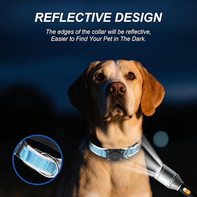 Waterproof Airtag Dog Collar - Nylon Collar with Durable Airtag Holder, Reflective&Anti-Lost with Safety Metal Buckle, Soft Padded Adjustable for Small Medium Large Dogs Blue S