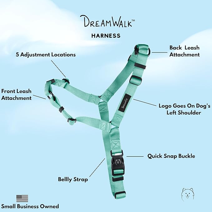 ShawnCo Dream Walk No-Pull Dog Harness- Adjustable, Comfortable, Easy to Use Pet Halter to Help Stop Pulling for Small, Medium and Large Dogs (Seafoam, L)