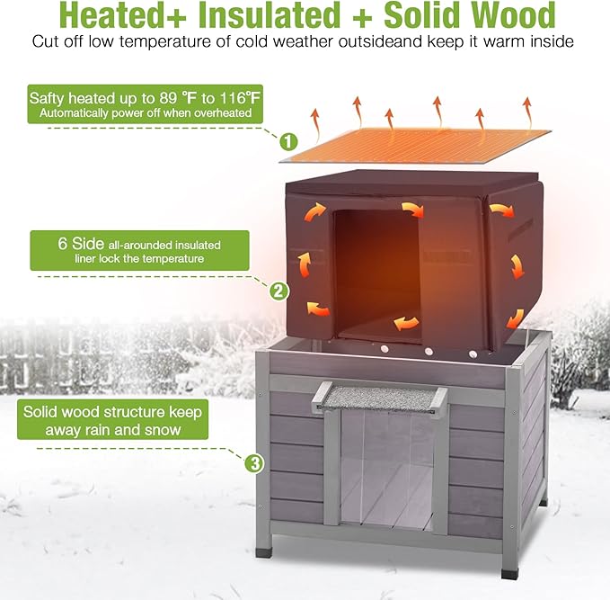 GUTINNEEN Heated Outdoor Cat House with Heater and Insulated Liner Weatherproof Insulated Feral Cat Shelter for Winter